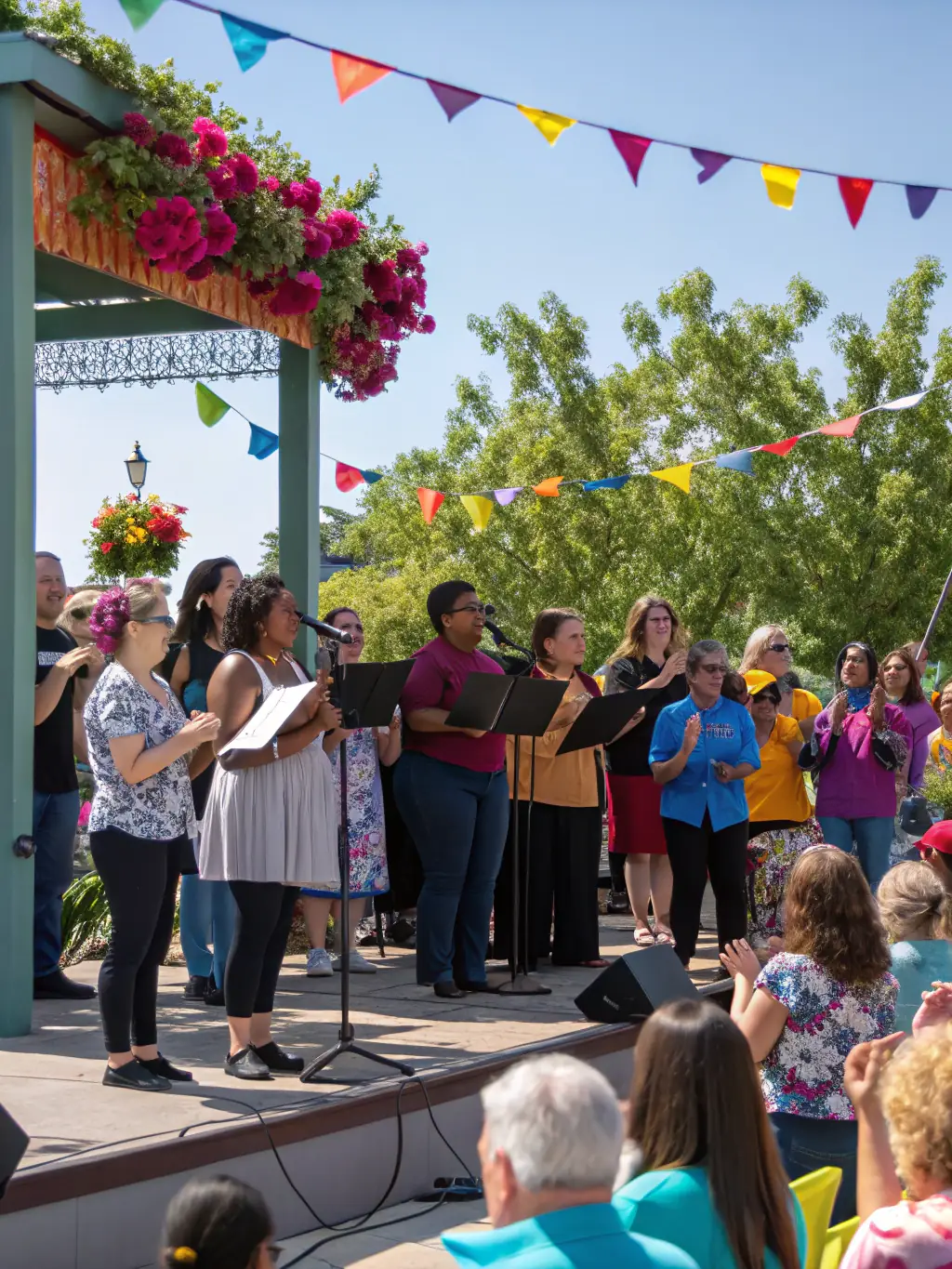 A group of diverse individuals singing together in harmony, showcasing the power of collective voice and musical expression.
