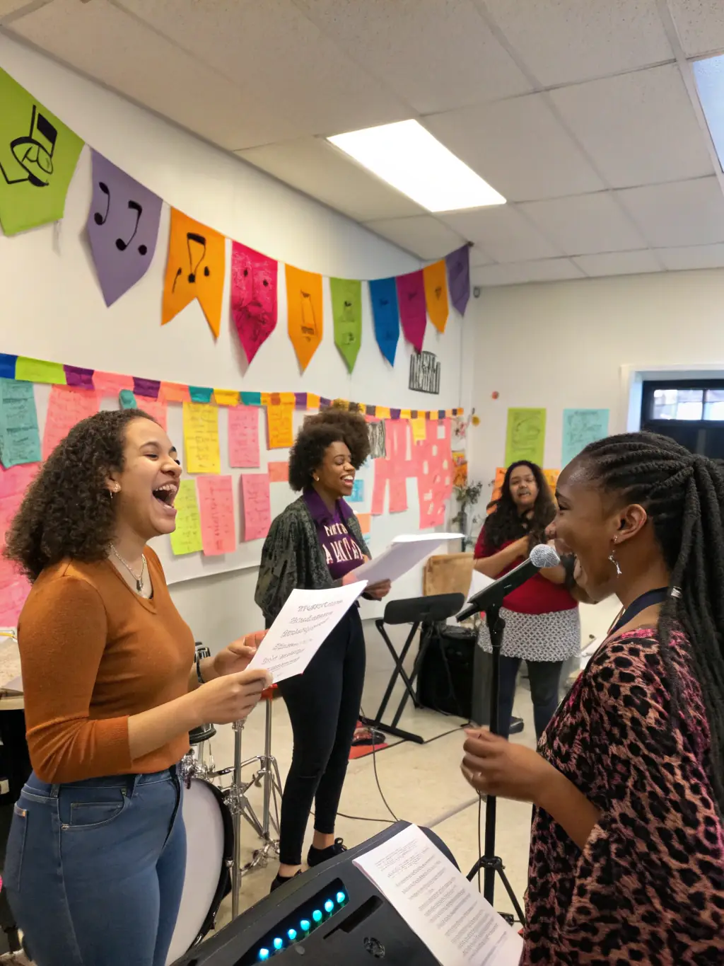 A vibrant workshop scene with participants of all ages singing together, led by a passionate instructor. The setting is a brightly lit community center with colorful decorations.