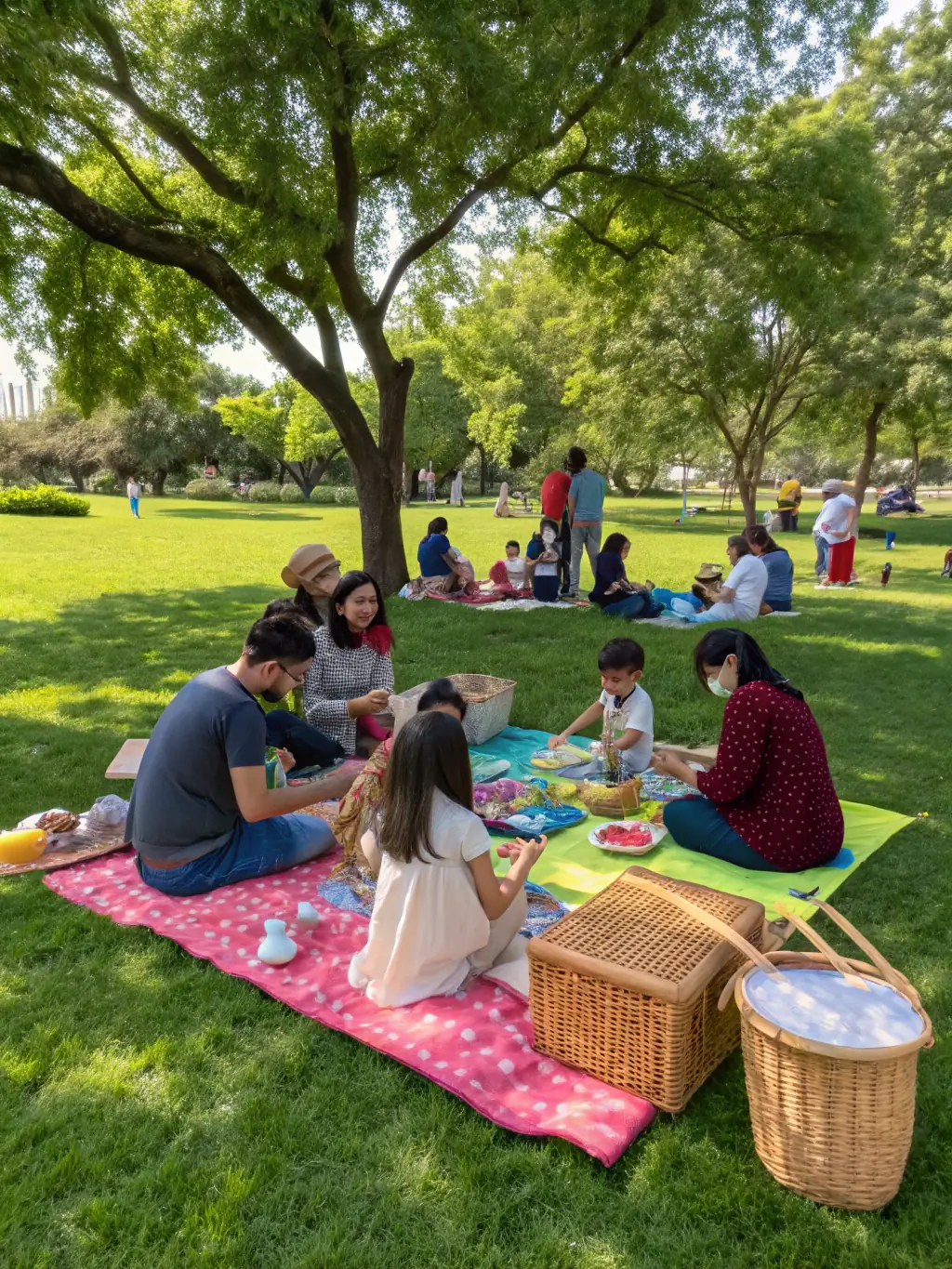 A lively outdoor event with people of all ages singing together in a park setting. The atmosphere is joyful and celebratory, with families and friends enjoying the music.
