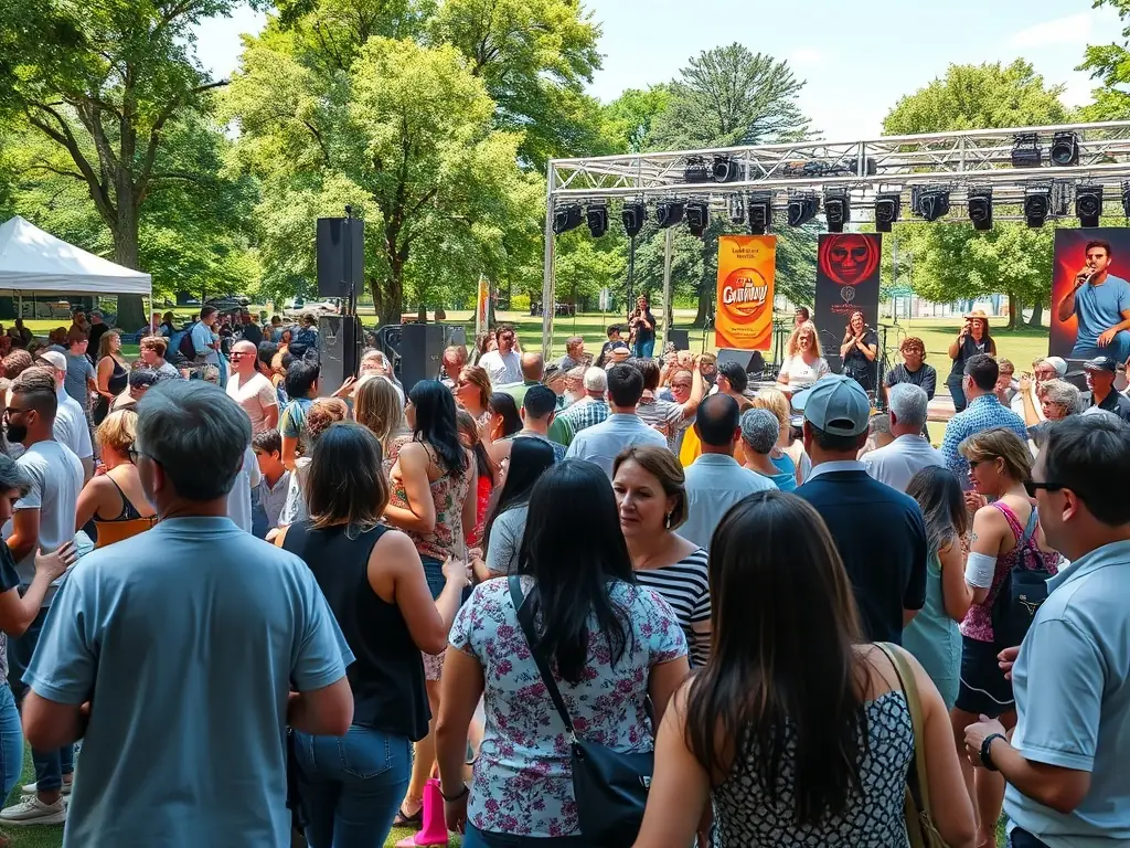A lively outdoor event with people of all ages singing together in a park setting, representing Compagnie DICILA's Musical Community Events.