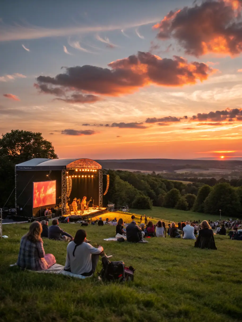 An engaging performance with audience members singing along, creating a lively and inclusive atmosphere. The stage is set outdoors with colorful lighting.