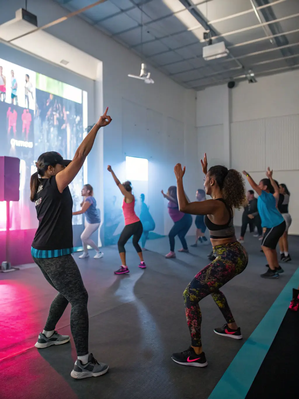 A dynamic shot of adults participating in a fitness class at a community center, showcasing energy and inclusivity.