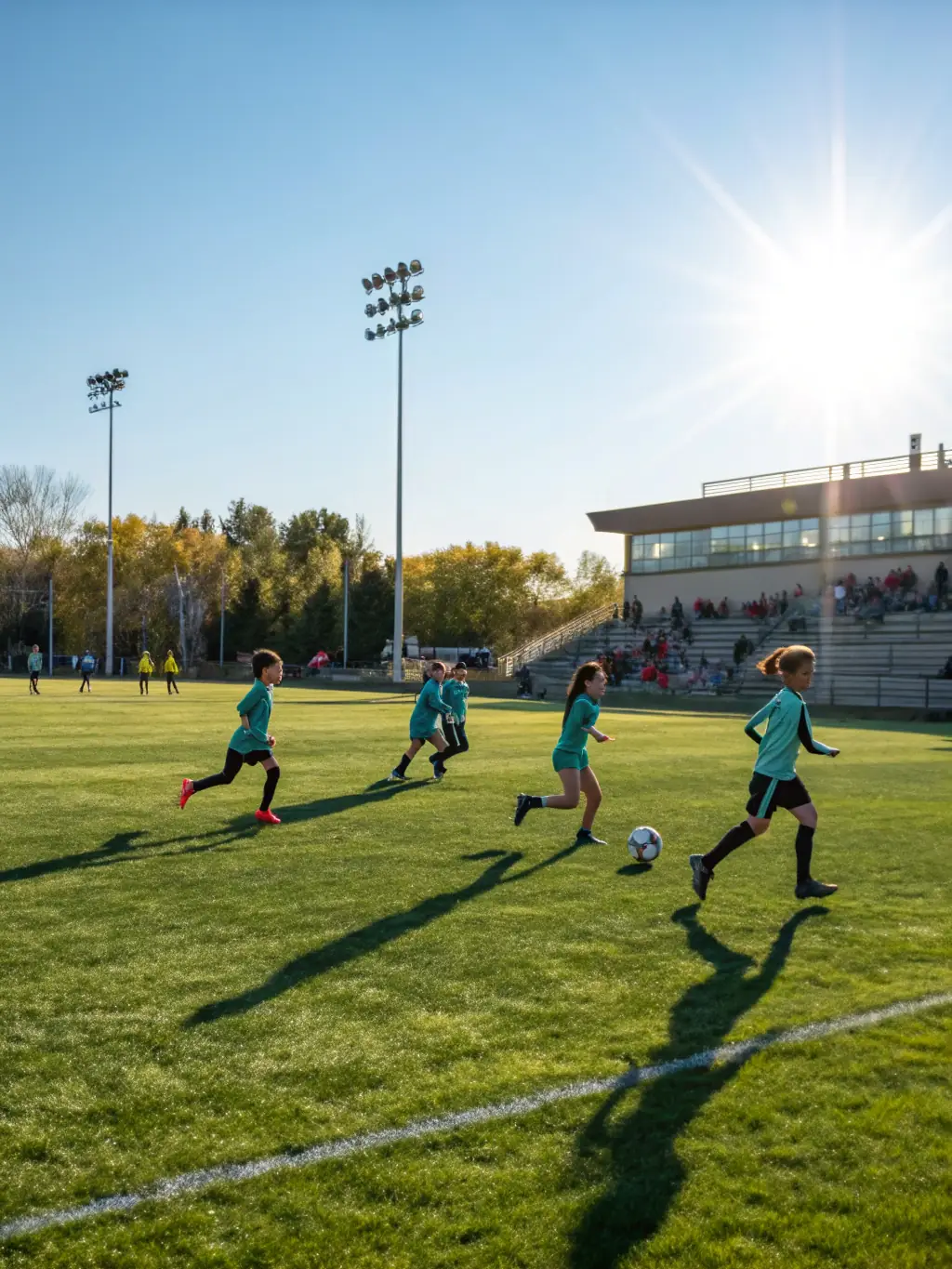 A vibrant image of children playing soccer in a local park, wearing SAINT-AVERTIN-SPORTS jerseys, with a focus on teamwork and fun.