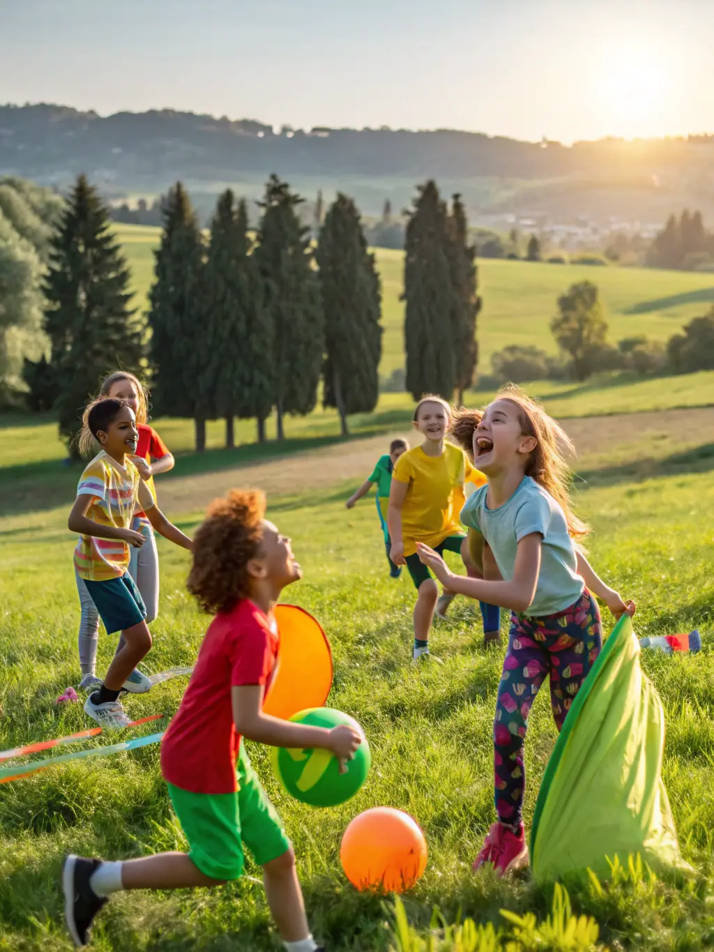 A vibrant image depicting children participating in various activities at a day camp, including sports, arts and crafts, and outdoor games, showcasing the fun and engaging environment.