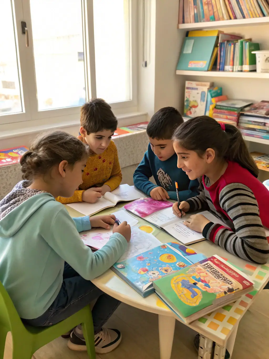 A group of teenagers actively participating in a workshop at a youth house, showing them engaged in learning and skill-building activities.