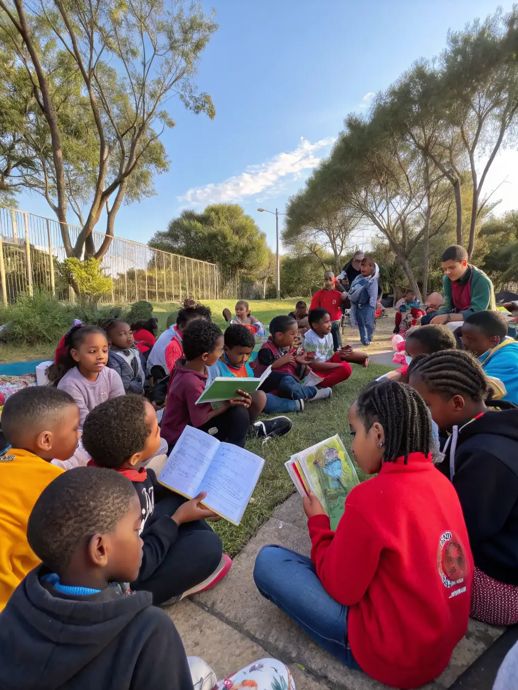 A diverse group of children and teenagers participating in a community event organized by the association, highlighting the inclusive and supportive environment.