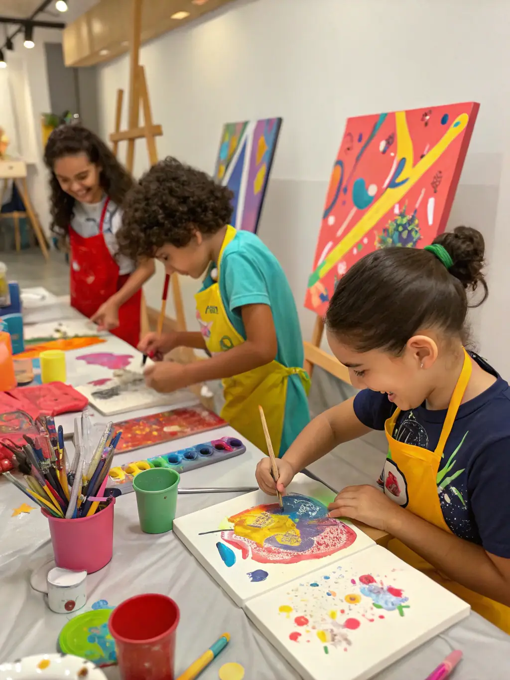 An image showcasing children and adolescents engaged in specialized activities such as painting, playing musical instruments, or participating in sports at a specialized activity center.